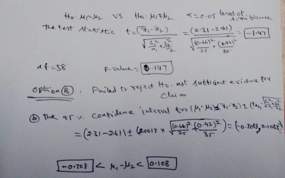 Ho Mally vs The test statistic Ha: Mit t=0,-2) & 0.05 levd at tince = (2-31 - 2 512 = -147] 3 af=58 p-value = 0.147) option :