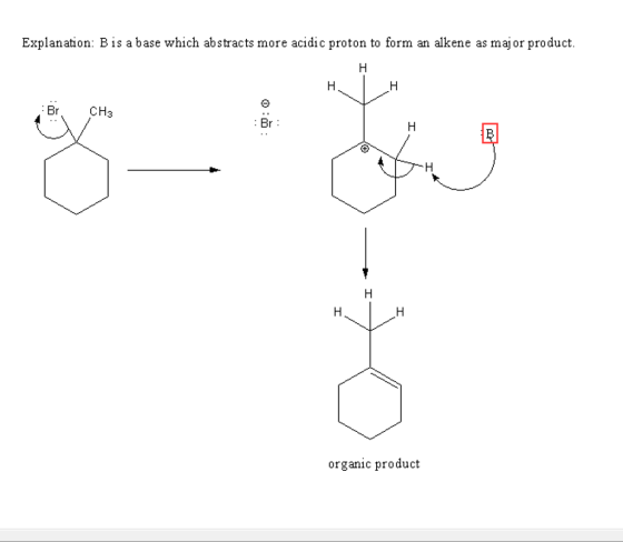 Explanation: Bis abase which abstracts more acidic proton to form an alkene as maj or product Br CH3 Br organic product