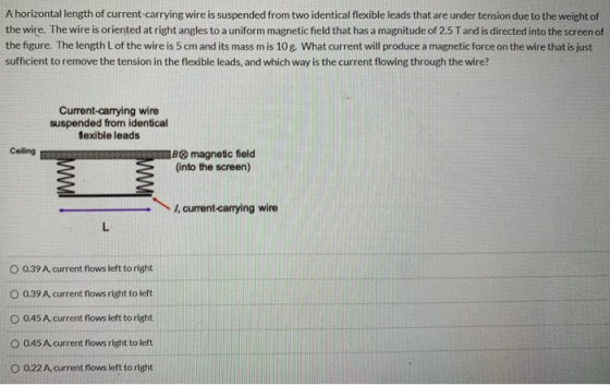 A horizontal length of current carrying wire is suspended from two identical flexible leads that are under tension due to the