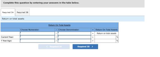 Complete this question by entering your answers in the tabs below. Required 3A Required 3B Return on total assets Return On T