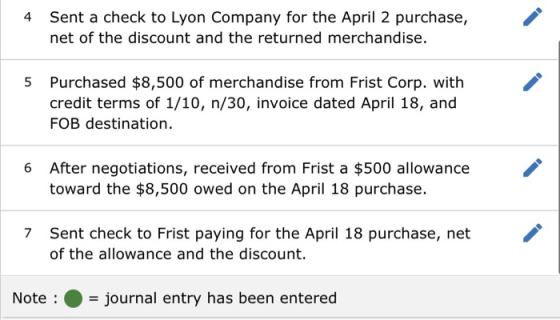 4 Sent a check to Lyon Company for the April 2 purchase, net of the discount and the returned merchandise. Purchased $8,500 o
