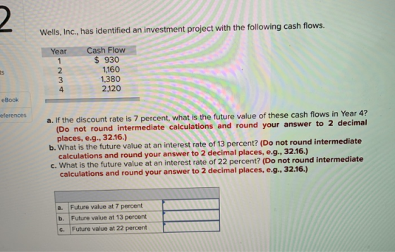 Wells, Inc., has identified an investment project with the following cash flows. Year هه نا تما م Cash Flow $ 930 1,160 1,380