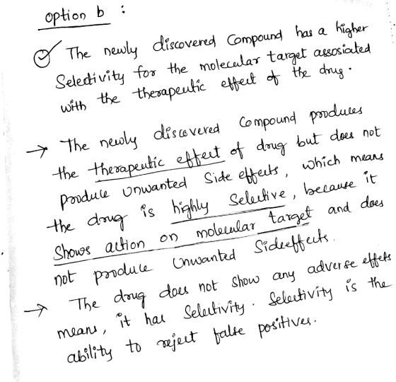 discovered Compound has a higher option b : @ The newly Selectivity for the molecular target assosiated with the therapeutic