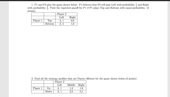 1. P1 and P2 play the game shown below. P1 believes that P2 will play Left with probability and Right with probability 2. Fin