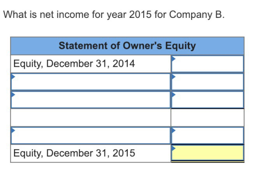 What is net income for year 2015 for Company B Statement of Owners Equity Equity, December 31, 2014 Equity, December 31, 2015