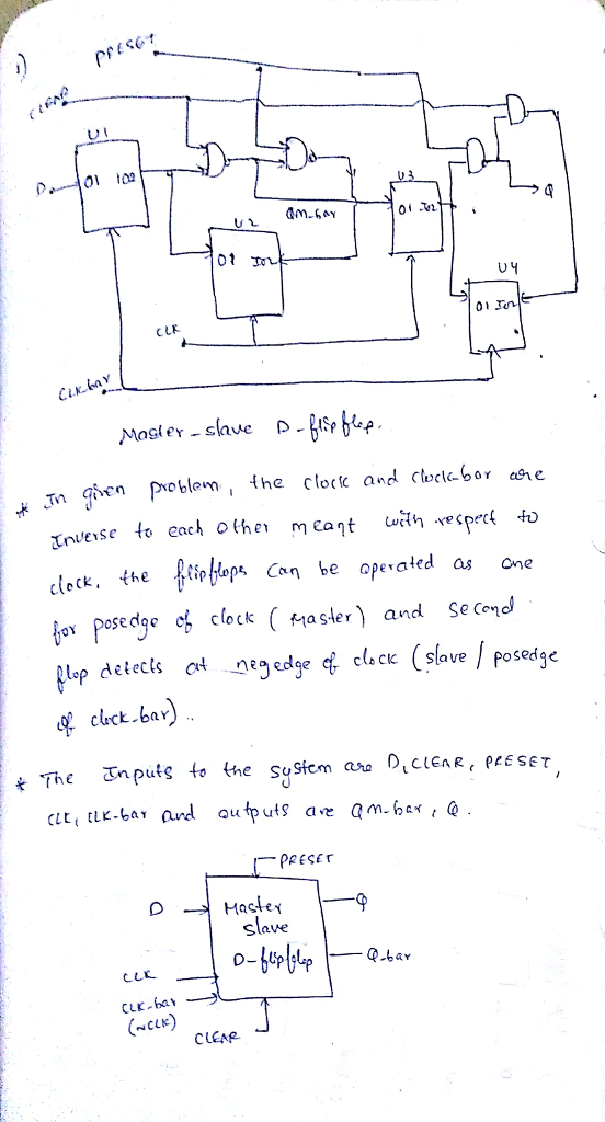 01 CLK ten en poblm he clock and (loclk-bor cre さrvesc to each othel meant ((n.ve çpech tu sleck, the Cbe ope aled as one or posedge clock ( aster and Second aveposed cack bar) The n puts to the Sugicm as D1CLEAR, PEE SET PRESET Mastex Slave Q-tar CLK-ha、 (wcLK) CLEAP