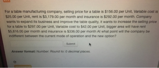 For a table manufacturing company, selling price for a table is $156.00 per Unit, Variable cost is $25.00 per Unit, rent is $