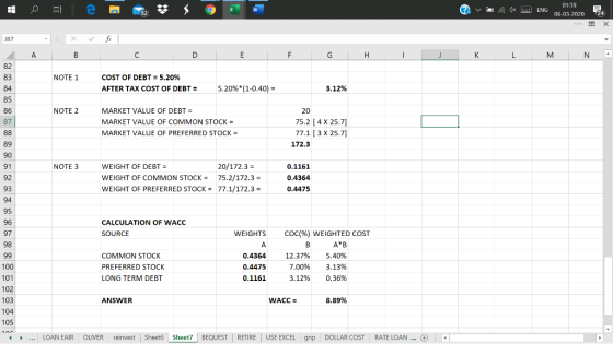 2 Le 52 * 9x Ova Tx 4 ENG 01:39 06-03-2020 - 24 187 fix X B C D E F G H I J K L M N A NOTE 1 COST OF DEBT = 5.20% AFTER TAX C
