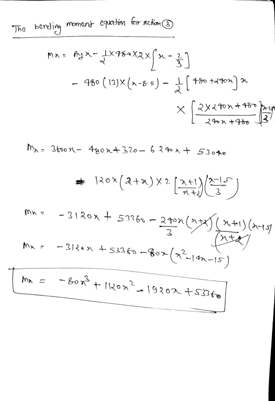 The bending moment equation fee section 3 M기의 맹자 X480X2x< م (ع) 1x8Xzx 460 ( 128 (x-8 5 ) - 450 +10] A X Rton + 450 24on +980