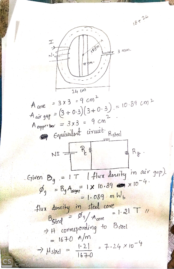 18+ 24 HN S 3 nm. 24cm A core = 343 = 9 cm² A air gap = (3 +0.3)(3+0.3). = 10.89 cm? A copper bar = 3x3 = 9 cm? Equivalent ùr