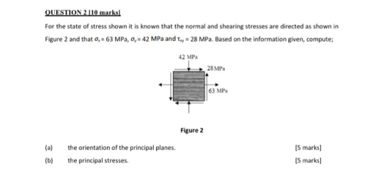 QUESTION 2 [10 marks! For the state of stress shown it is known that the normal and shearing stresses are directed as shown i