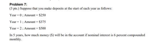 Problem 7: (3 pts.) Suppose that you make deposits at the start of each year as follows: Year 0;Amount S250 Year-1;Amount-$375 Year= 2 ; Amount = $500 In 5 years, how much money (S) will be in the account if nominal interest is 6 percent compounded monthly.