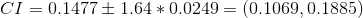 CI 0.1477士1.64 * 0.0249 = (0.1069. 0. 1885)