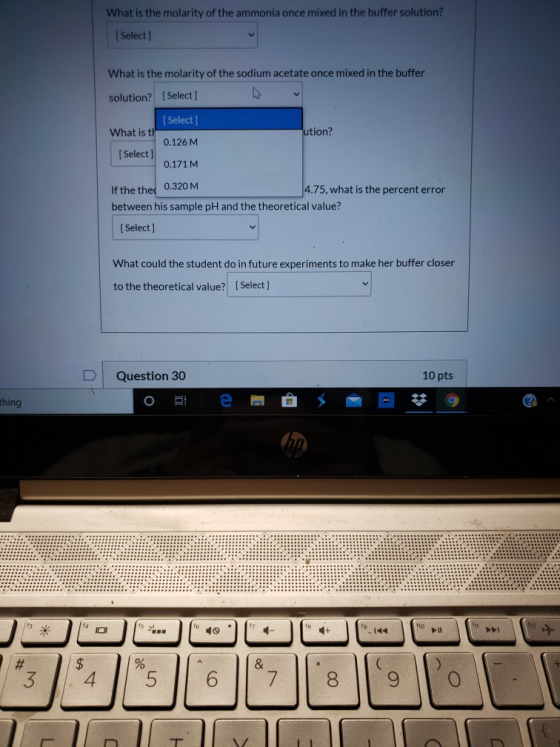 What is the molarity of the ammonia once mixed in the buffer solution? Select] What is the molarity of the sodium acetate onc