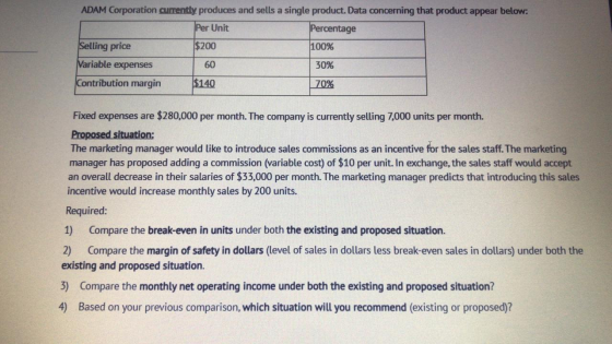 ADAM Corporation currently produces and sells a single product. Data concerning that product appear below: Per Unit Percentag