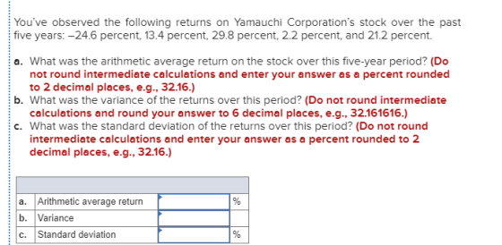 Youve observed the following returns on Yamauchi Corporations stock over the past five years: -24.6 percent, 13.4 percent,