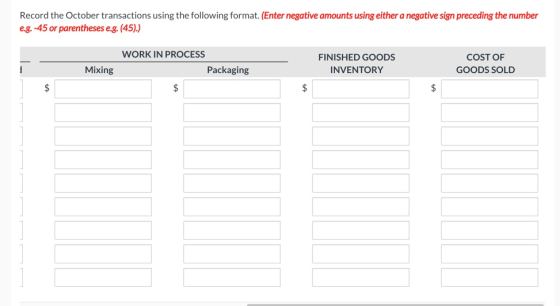 Record the October transactions using the following format. (Enter negative amounts using either a negative sign preceding th