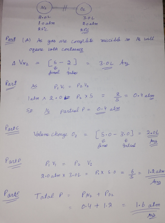 n will (N2 H (O2) 2.0L 3.0L locatm 2.0 atm 25°c 256 art (A) As gas are complete miscible so oquere both container A VN2 = [5-