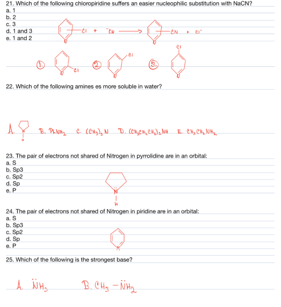 21. Which of the following chloropiridine suffers an easier nucleophilic substitution with NaCN? a. 1 b. 2 c. 3 d. 1 and 3 CI