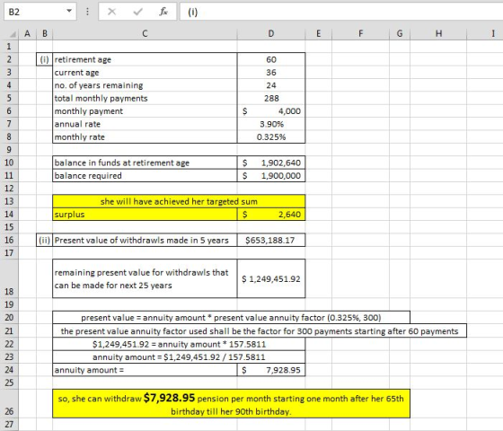 B2 (i) retirement age current age no. of years remaining total monthly payments monthly payment annual rate monthly rate 36 288 4,000 3.90% 0.325% 10 balance in funds at retirement age balance required $ 1,902,640 $ 1,900,000 12 13 14 15 16 17 she will have achieved her targeted sum surplus 2,640 (ii) Present value of withdrawls made in 5 years $653,188.17 remaining present value for withdrawls that can be made for next 25 years $1,249,451.92 19 20 21 present value-annuity amount * present value annuity factor (0.325%, 300) the present value annuity factor used shall be the factor for 300 payments starting after 60 payments $1,249,451.92 annuity amount * 157.5811 annuity amount $1,249,451.92 /157.5811 23 annuity amount- $ 7,928.95 25 so, she can withdraw $7,928.95 pension per month starting one month after her 65th birthday till her 90th birthday 26 27