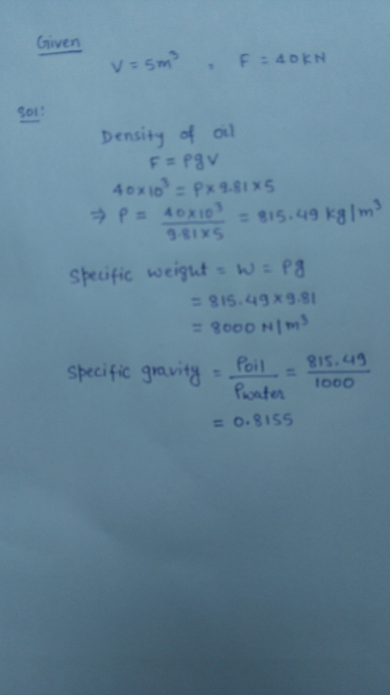 Given Soi: Density of ail 40x 10 PAOX103:15.49 kaIm s 40xi 98175 Specific weigut w pa : 915.49 x9.8 foiLe 의sun Foater 0, 81 55 specific g,nvit: Tooo