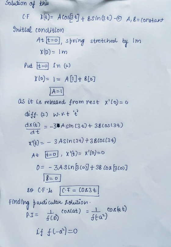 Solution of this CF X(t)= A cos[3 +] + 8 Sin (3 +) A, 8= constant Initial condition Im At t=0, spoing stretched X(b)= im by P