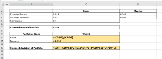 B Encor Maestro Expected Retur Standard deviation Correlation 0.019 0.01 0.4 0.248 0.099 Expected return of Portfolio 0.159 P