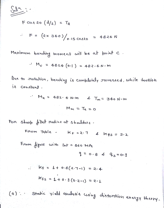 F = (2x 340) 0-15 CO 20-4624-N Maximum bendin moment wl be at boiht c c = 4824 (0-1 ) = 483.4-N-m Dve to stotuhion, bendk ing is compltdy uvensed, while torkioh oreV Fnom Table rlo m Agud with Sut-. 560.MA Stohc yield anal서씨