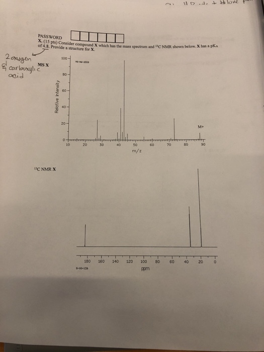PASSWORD X.(15 pts) Consider of 4.8. Provide a structure for X compound X which has the mass spectrum and BCNMR shown below, X has a pKa 2 100 MS X B0 Odid GO 20 M+ 20 30 40 50 70 80 90 m/z C NMR X 180 160 140 120 100 806 40 20 o rpm