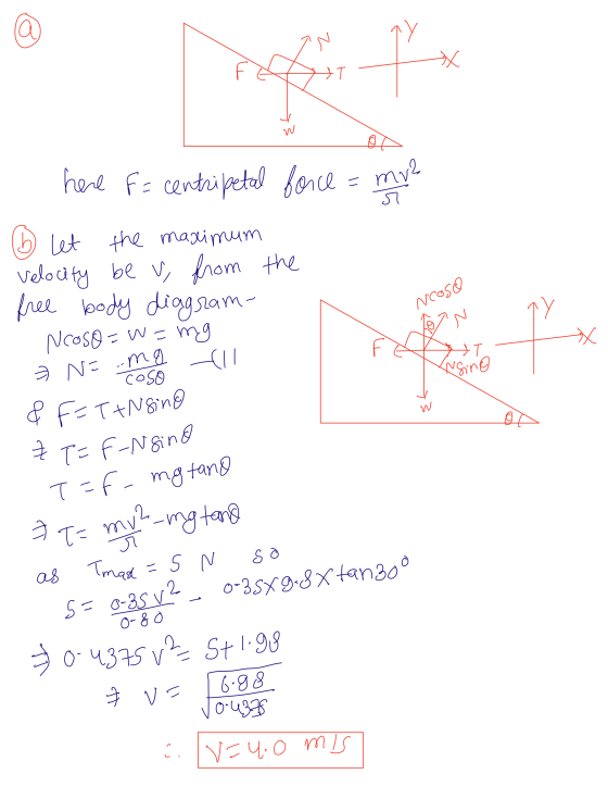 here f = centripetal bo the ncos@ 6 let the maximum - Velocity be v, from free body diagram- Noso=W=mg =.mg a N= All coso & F