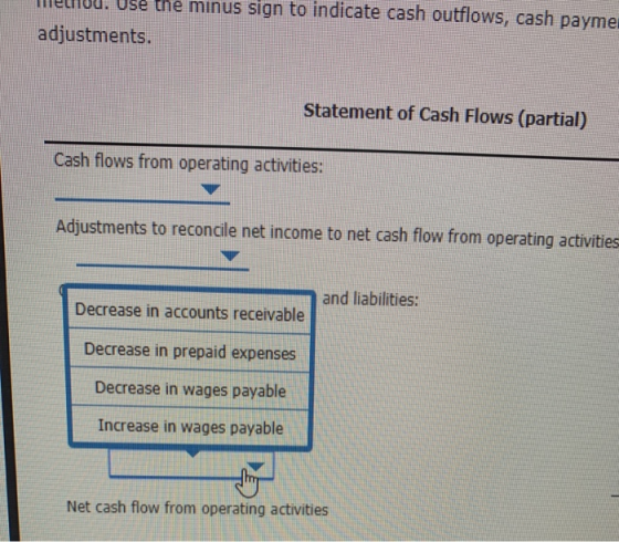 H UU. Use the minus sign to indicate cash outflows, cash payme adjustments. Statement of Cash Flows (partial) Cash flows from