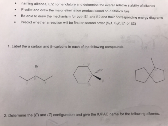 naming alkenes, E/Z nomenclature and determine the overall relative stability of alkenes Predict and draw the major eliminati