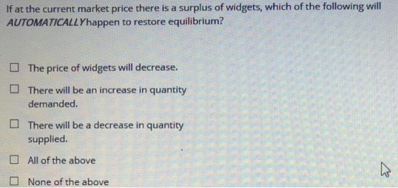 If at the current market price there is a surplus of widgets, which of the following will AUTOMATICALLYhappen to restore equi
