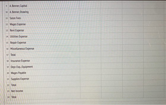 9 A. Benner, Capital 10 A. Benner, Drawing 11 Salon Fees 12 Wages Expense 13 Rent Expense 14 Utilities Expense 15 Repair Expe