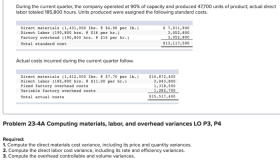 During the current quarter, the company operated at 90% of capacity and produced 47,700 units of product; actual direct labor