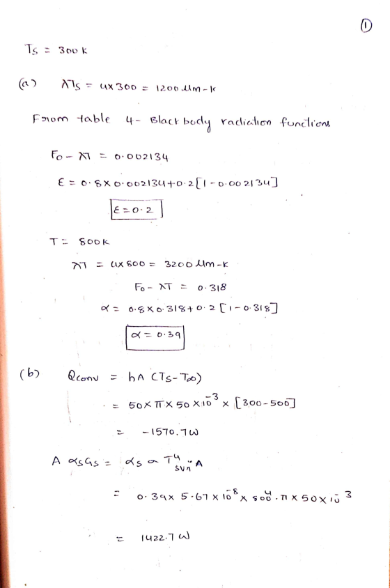 0 Ts = 300k (6) UX 300 1200 mm From table 4 - Black body raclication functions Fo- XT = 0.002134 E=0.80.002134 +0:2[1-0.00213