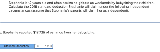 Stephanie is 12 years old and often assists neighbors on weekends by babysitting their children. Calculate the 2019 standard