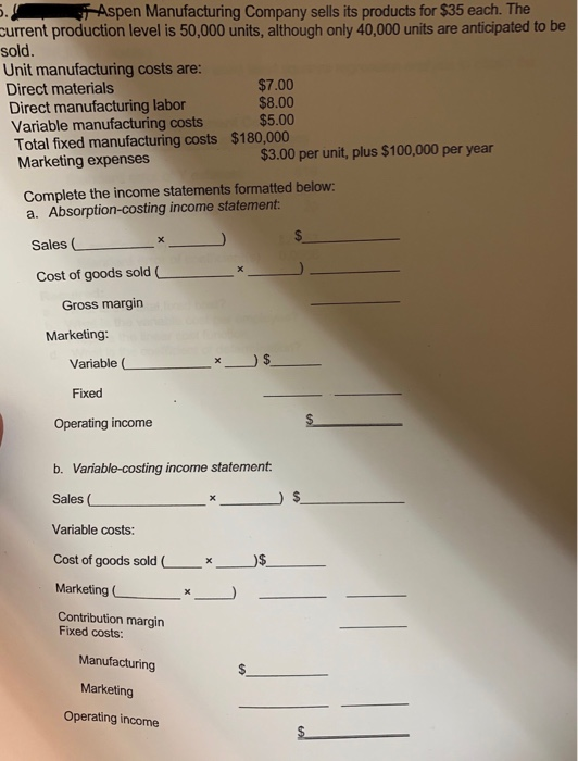 Aspen Manufacturing Company sells its products for $35 each. The current production level is 50,000 units, although only 40,0
