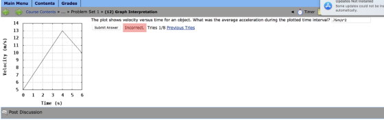 Updates Not Installed Some updates could not be ins automatically Main Menu Contents Grades Course Contents ».Problem Set 1 (12) Graph Interpretation Timer The plot shows velocity versus time for an object. What was the average acceleration during the plotted time interval? .75m/s*2 14 13 12 E 11 10 Submit Answer Incorrect. Tries 1/8 Previous Tries 0 1 2 3 45 6 Time (s) Post Discussion