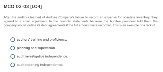 MCQ 02-03 [LO4)] After the auditors learned of Auditee Companys failure to record an expense for obsolete inventory, they agreed to a small adjustment to the financial statements because the Auditee president told them the company would violate its debt agreements if the full amount were recorded. This is an example of a lack of O auditors training and proficiency O planning and supervision. O audit investigative independence O audit reporting independence.
