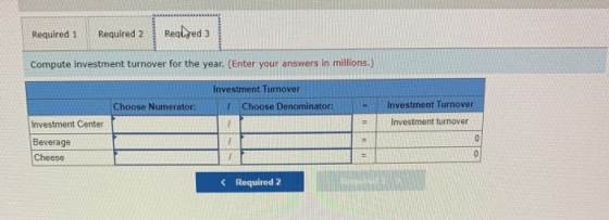 Reqlyed 3 Required 2 Required 1 Compute investment turnover for the year. (Enter your answers in millions.) Investment Turnov