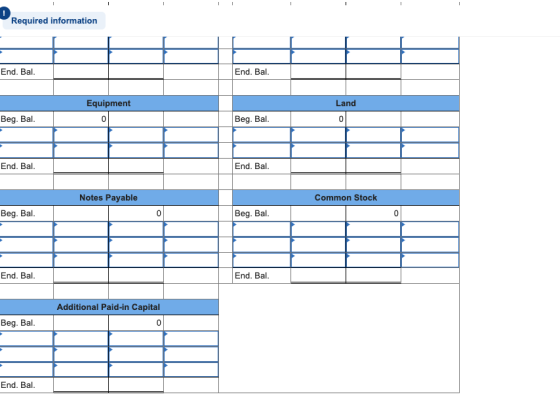 1 1 D Required information End. Bal. End. Bal. Equipment Land Beg. Bal. 0 Beg. Bal. 0 End. Bal. End. Bal. Notes Payable Commo