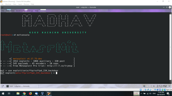 - 2 x a kalinew [Running] - Oracle VM VirtualBox File Machine View Input Devices Help root : ruby.bin - Konsole File Edit Vie