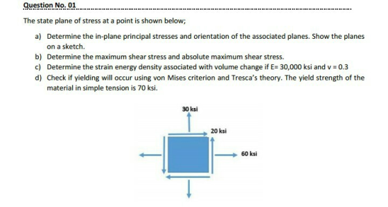 Question No. 01 The state plane of stress at a point is shown below; a) Determine the in-plane principal stresses and orienta