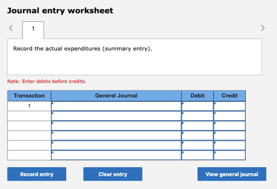 Journal entry worksheet Record the actual expenditures (summary entry). Note: Enter debits before credits. Transaction Genera