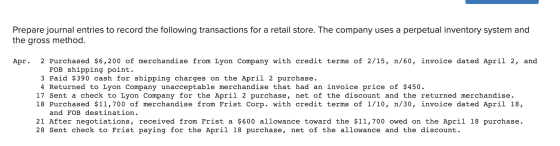 Prepare journal entries to record the following transactions for a retail store. The company uses a perpetual inventory syste