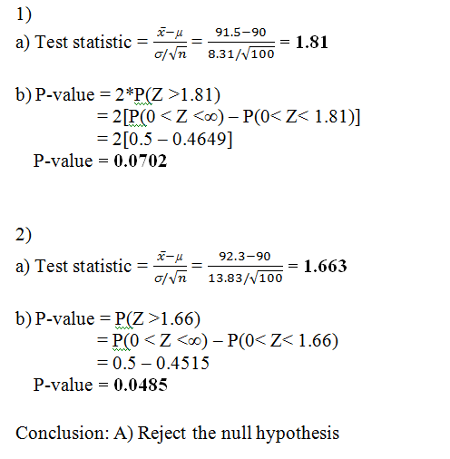 1) a) Test statistic = = X-M 91.5-90 g/n 8.31/ 100 = 1.81 b) P-value = 2*P(Z >1.81) = 2[PO<Z <0) - P(0<Z< 1.81)] = 2[0.5 -0.4