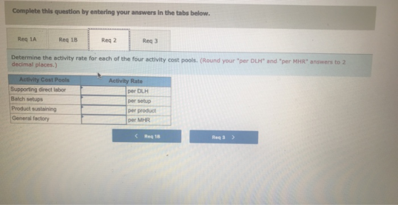 Complete this question by entering your answers in the tabs below. Req 1A Reg 1B Req 2 Reg 3 Determine the activity rate for