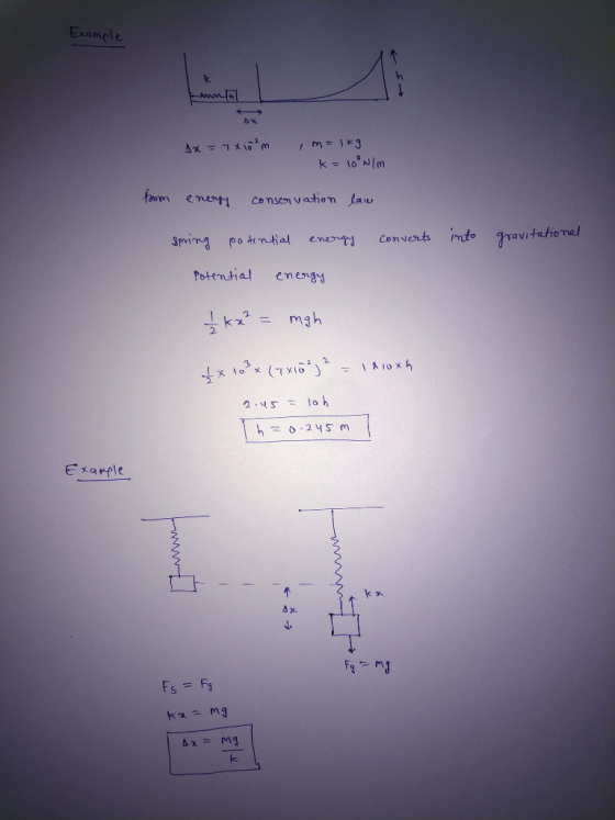 Example AR 4x = 7x10²m m = 1kg k= 10²N/m from energy conservation law Spring potential energy Converts into gravitational Pot