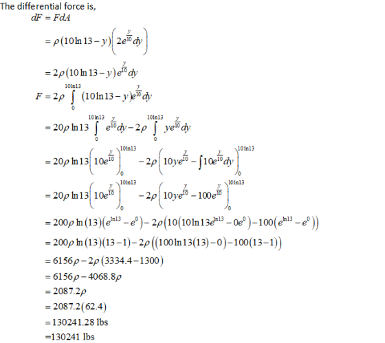 The differential force is, -2ρ(10h13-ylera. 101n13 y 101n13 101n13 -20p h 13 10e10 101n13 101n13 20p In 13 10eo 200p In (13)